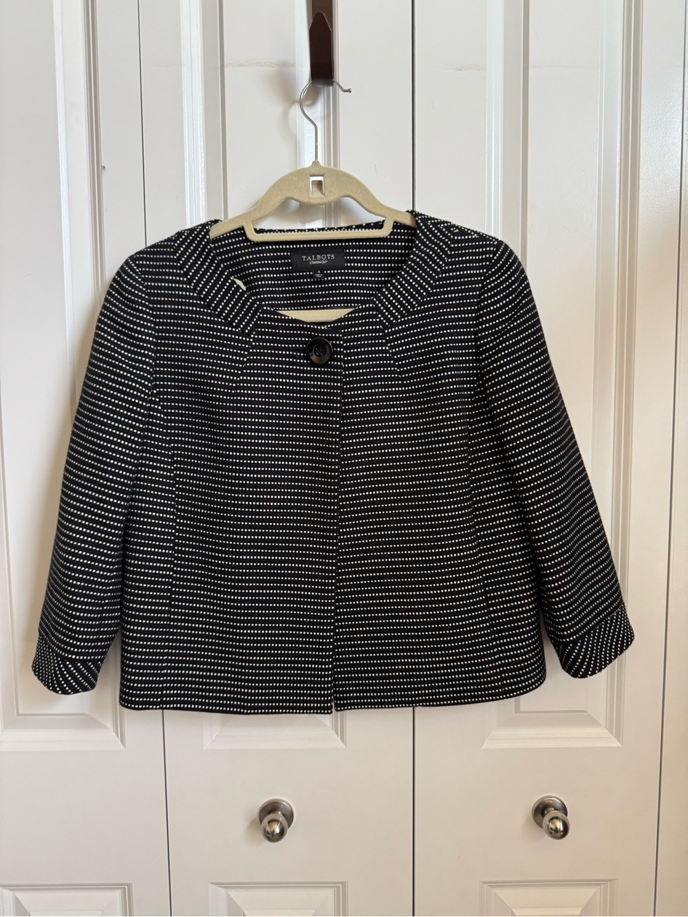 Talbots Black and White Single Button Cropped Polka Dot Blazer